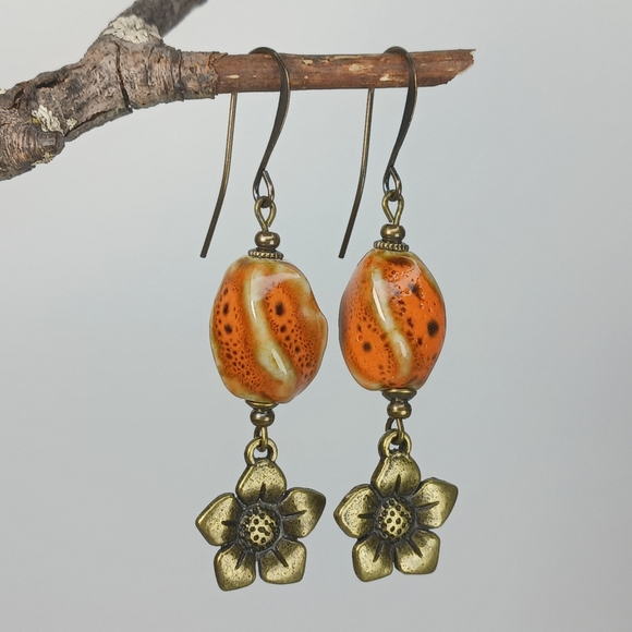 Hand Crafted Jewelry - HAND CRAFTED Rustic Orange Ceramic Brass Flower Dangle Earrings